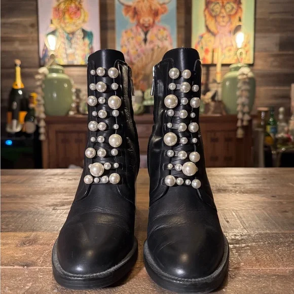 Zara Black Leather and Pearl Ankle Boots - Picture 2 of 5